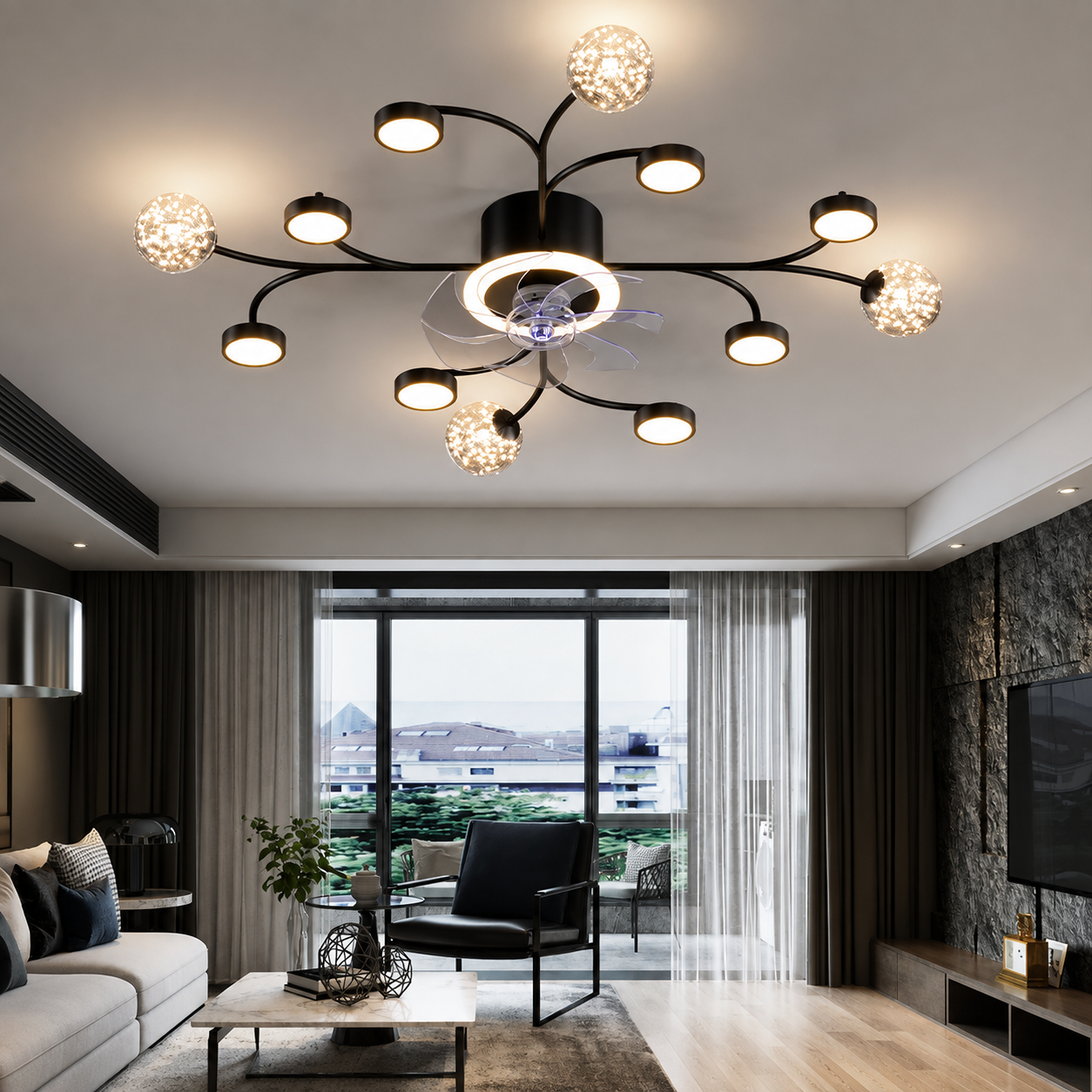 Black smart ceiling fan chandelier 100x16cm in living room