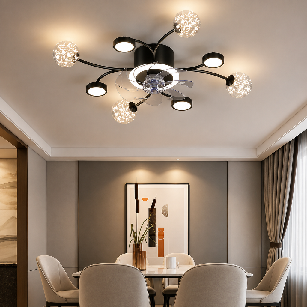 Black smart ceiling fan chandelier 53x16cm in dining room