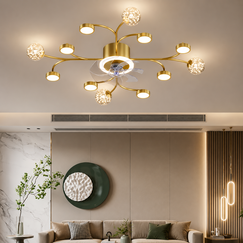 Gold smart ceiling fan chandelier 100x16cm in living room