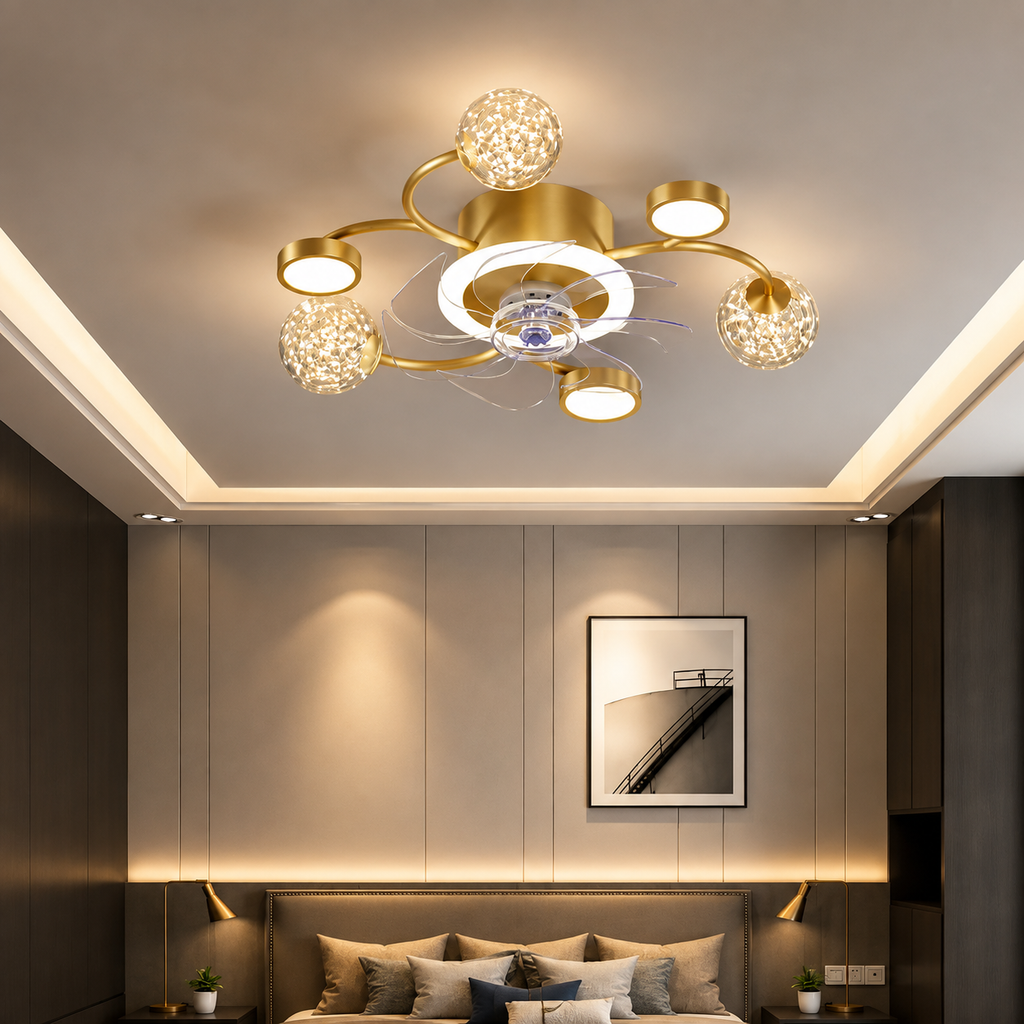 Gold smart ceiling fan chandelier 53x16cm in bedroom