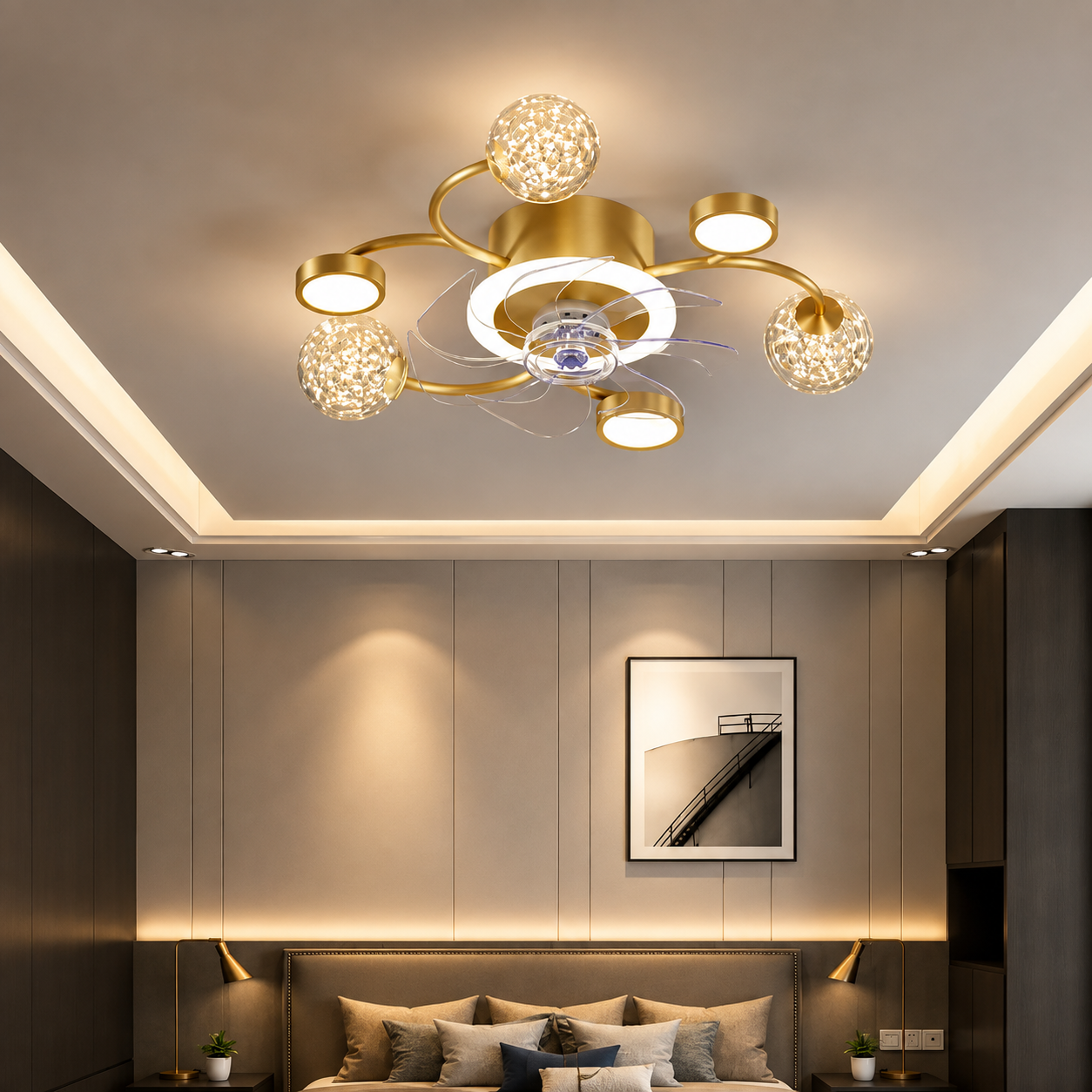 Gold smart ceiling fan chandelier 53x16cm in bedroom